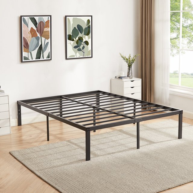 VECELO 16" Full Size Metal Platform Bed Frame, Heavy Duty Steel Slat/Mattress Foundation, No Box Spring Needed, Black