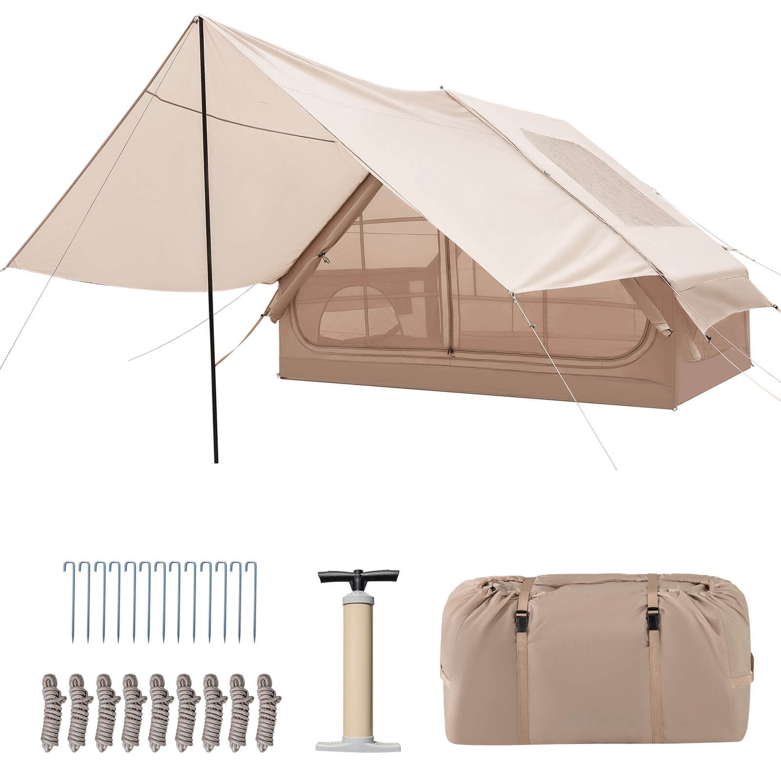 Costway Inflatable Camping Tent 4-6 People Waterproof Blow-up Air Tent with Porch, Pump