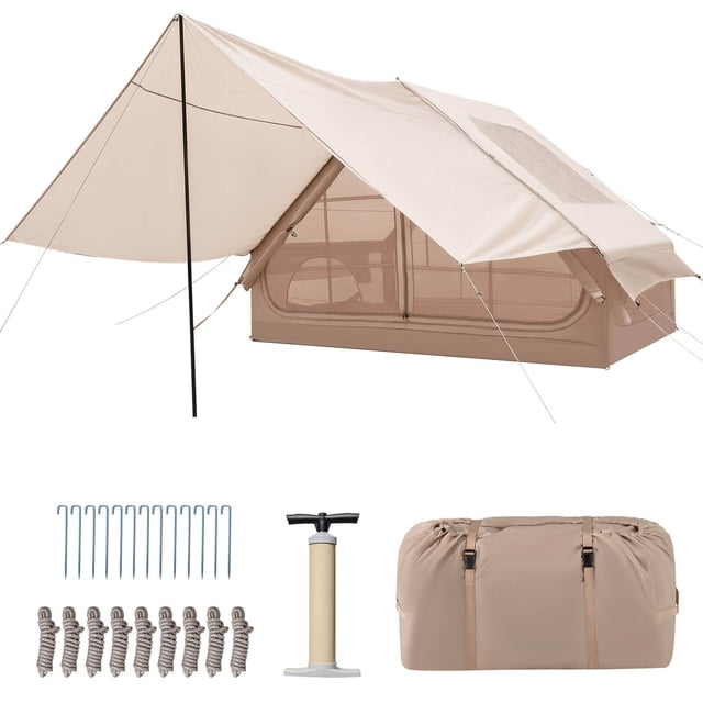 Costway Tente de Camping Gonflable pour 4 à 6 Personnes, Conçue pour les Sorties en Famille et le glamping. Comprend un Auvent beige Imperméable avec un Porche Détachable, des Colonnes d'Air en PVC Renforcées avec du Tissu oxford, et un Intérieur Spacieux de 68 Pi2. Comprend une Pompe, un Sac de Transport, des Piquets de Sol, des Cordes Coupe-Vent et des Mâtx en Métal pour une Installation Sécurisée. Équipée de Fenêtres en Maille, Deux Portes à Glissière et un Puits de Lumière pour la ventilation et des Vues Panoramiques, Ce Qui en Fait un Abri de Camping Idéal