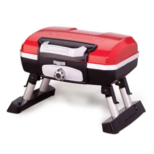 Cuisinart Petite Gourmet Portable Tabletop Gas Grill in red with black and silver accents, compact rectangular design with folding legs and front control knob, suitable for portable outdoor cooking and camping.