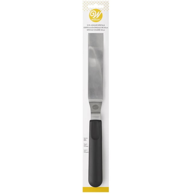 Wilton Angled Icing Spatula, 13-inch cake decorating tool with a stainless steel angled blade and black ergonomic plastic handle in white and yellow packaging, ideal for smoothing buttercream and frosting cakes.