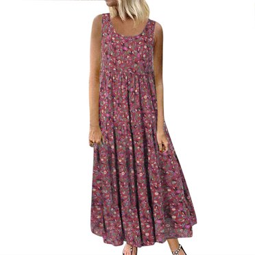 JIRNDf Robes d'Été Décontractées pour Femmes Tendance Col Rond Grande Taille Sans Manches Quotidien Carreaux Maxi Col Vintage Bohème Ample Élégant Long Sans Manches Fendue Robes d'Été pour Femmes Plage Boho Robe Bordeaux TTG