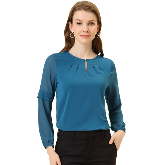 INSPIRE CHIC Women's Work Office Long Sleeves Keyhole Neck Elegant Blouse Top Lake Blue S