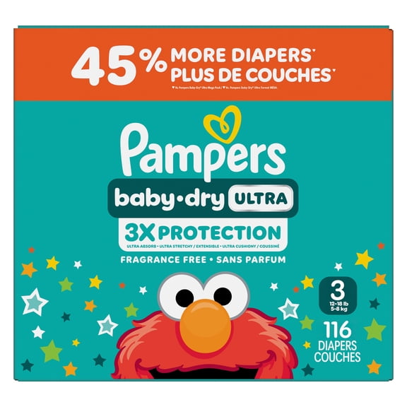 Pampers Baby Dry Ultra Couches, Taille 3 (16-28 lbs), Couches Jetables Absorbantes