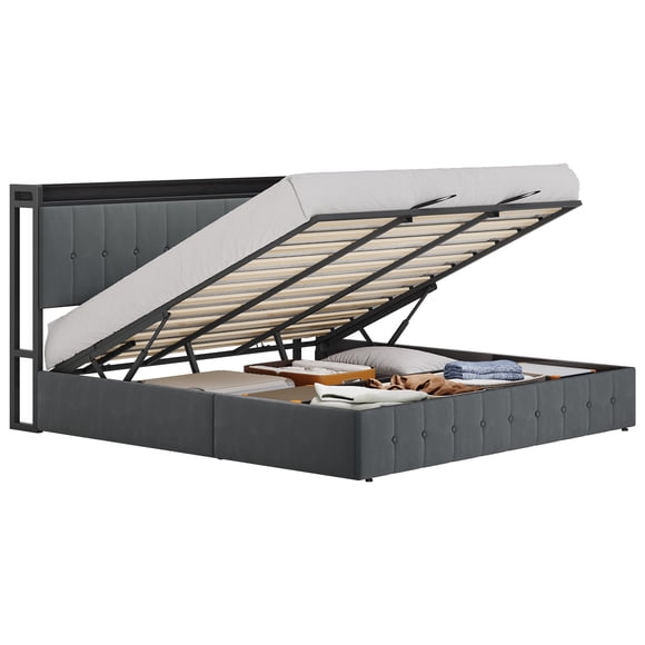 Lift Up Storage Bed Frame, Velvet Upholstered Hydraulic Platform Bed with Storage Headboard, Sturdy Wooden Slats Support, No Box Spring Needed