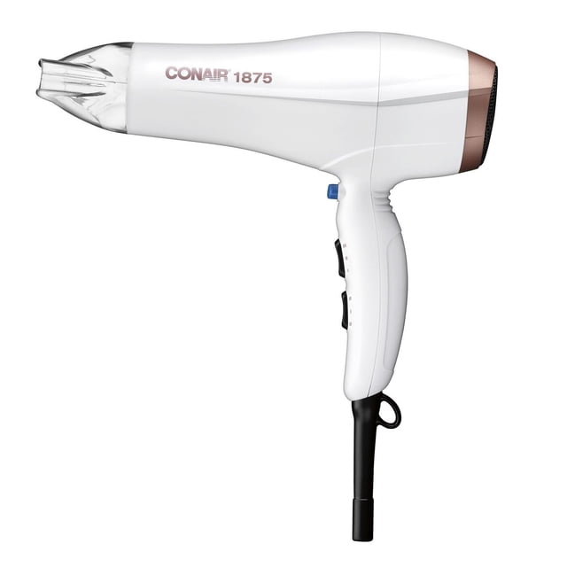 Double Ceramic by Conair 1875 Watt Hair Dryer in white with rose gold accents, featuring a concentrator nozzle, ergonomic handle with rocker switches for 3 heat and 2 speed settings, designed for fast drying with double ceramic technology and conditioning ions to reduce frizz and enhance shine, ideal for travel size hair care.