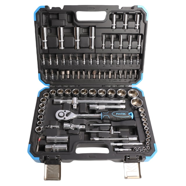 FIXTEC 1/2-inch & 1/4-inch Drive Ratchet and Socket Mechanics Tool Set with 94 PCS, FHST2094. This comprehensive set features SAE and Metric sockets, screwdriver bits, ratchet handles, deep sockets, extension bars, and adaptors, all crafted from robust CRV material for durability and corrosion resistance. Comes in a blow-molded case for organized storage and portability, ideal for home, car, or garage use.