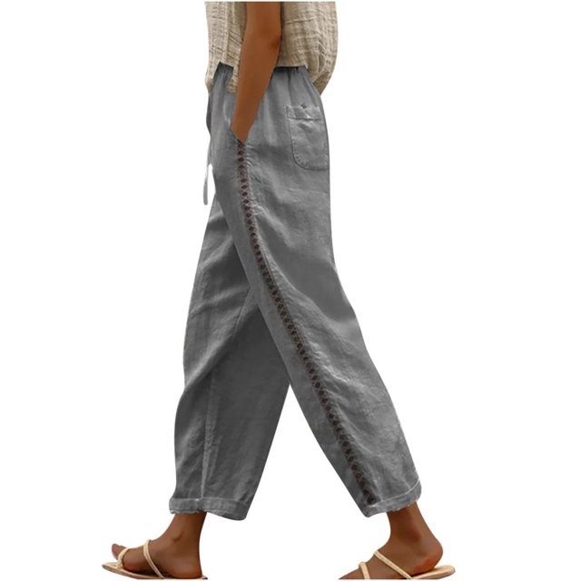 Women‘s Linen Pants Tapered Ankle Drawstring Loose Jogger Trousers Elastic Waist