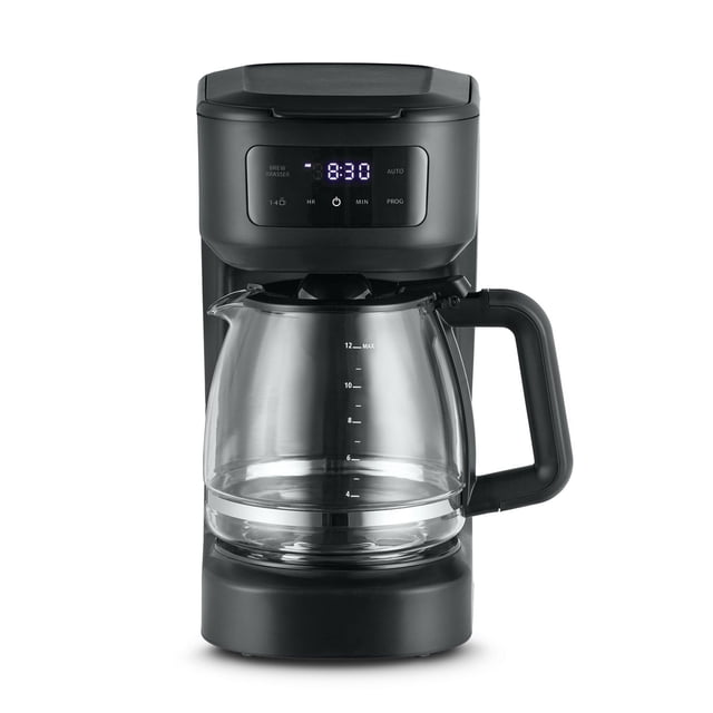 Mainstays black programmable 12-cup coffee maker featuring a touchscreen control panel displaying time and settings, with a clear glass carafe marked for up to 12 cups.