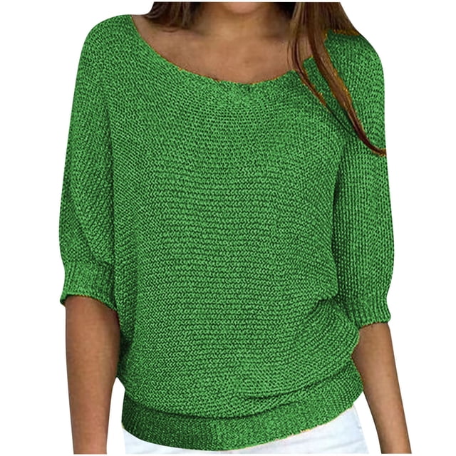 Mrat Chandails d'Automne pour Femmes Col Rond Chandails en Tricot Chandail à Fleurs Jumper Hauts Chandail Confortable à Manches 3/4 pour Femmes Chemise Vert 2TG