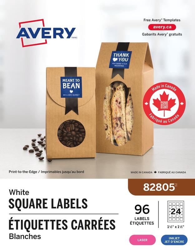 Avery Matte White Square Labels, 1½" x 1½", Permanent Adhesive, for Laser and Inkjet Printers - 82805