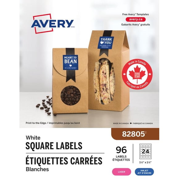 Avery Matte White Square Labels, 1½" x 1½", Permanent Adhesive, for Laser and Inkjet Printers - 82805