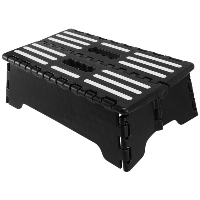 Non-Slip Small One Step Compact Folding Flat Step Stool Heavy Duty Portable Lightweight Folding Chair in black. Made of durable PP material with a folding design for easy storage. Features non-slip grips and a large platform for stable support, perfect for stepping into cars, bathtubs, or doorways. Ideal for home improvement tasks and assisting individuals with limited mobility, including elderly and pregnant users. Dimensions: 38 x 22 x 13 cm.