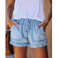 thumbnail image 4 of Shorts en Denim Extensible à Revers pour Femmes, Taille Élastique avec Cordon, Short Confortable, Bleu Pâle, S, 4 of 7