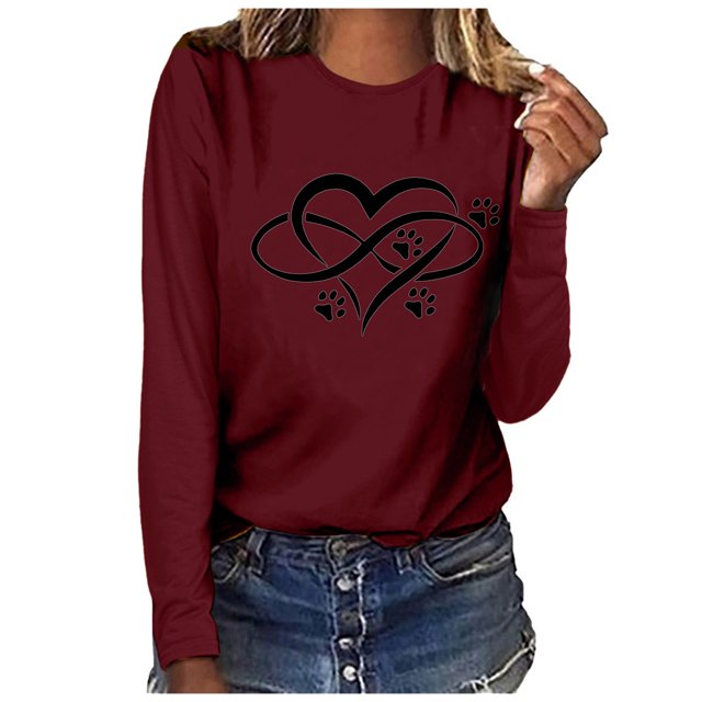 T-shirt Blouse à Manches Longues Décontracté Ample à Col Rond Imprimé pour Femmes