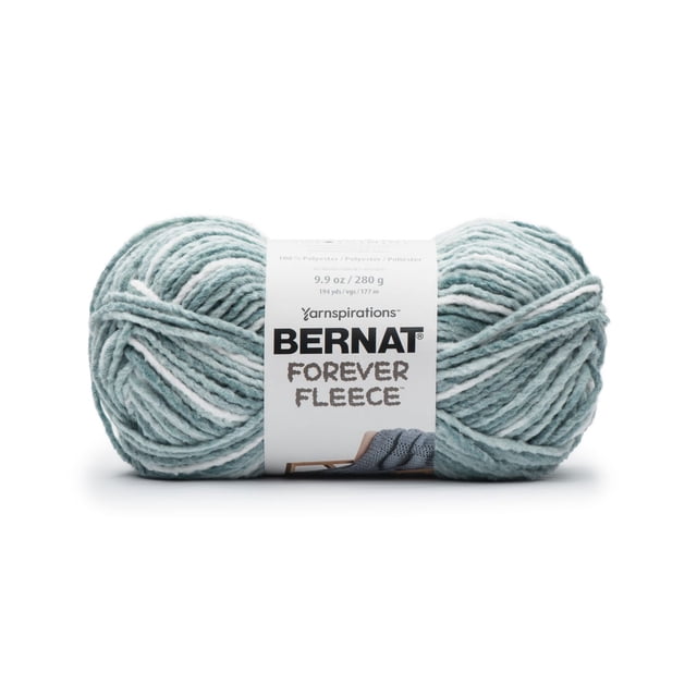 Bernat® Forever Fleece™ Yarn, super bulky #6 polyester yarn ball in soft blue and white blend, 9.9 oz (280 g) with 194 yards, featuring a brushed, fluffy texture ideal for fast knitting and crochet home decor projects, machine washable for easy care.