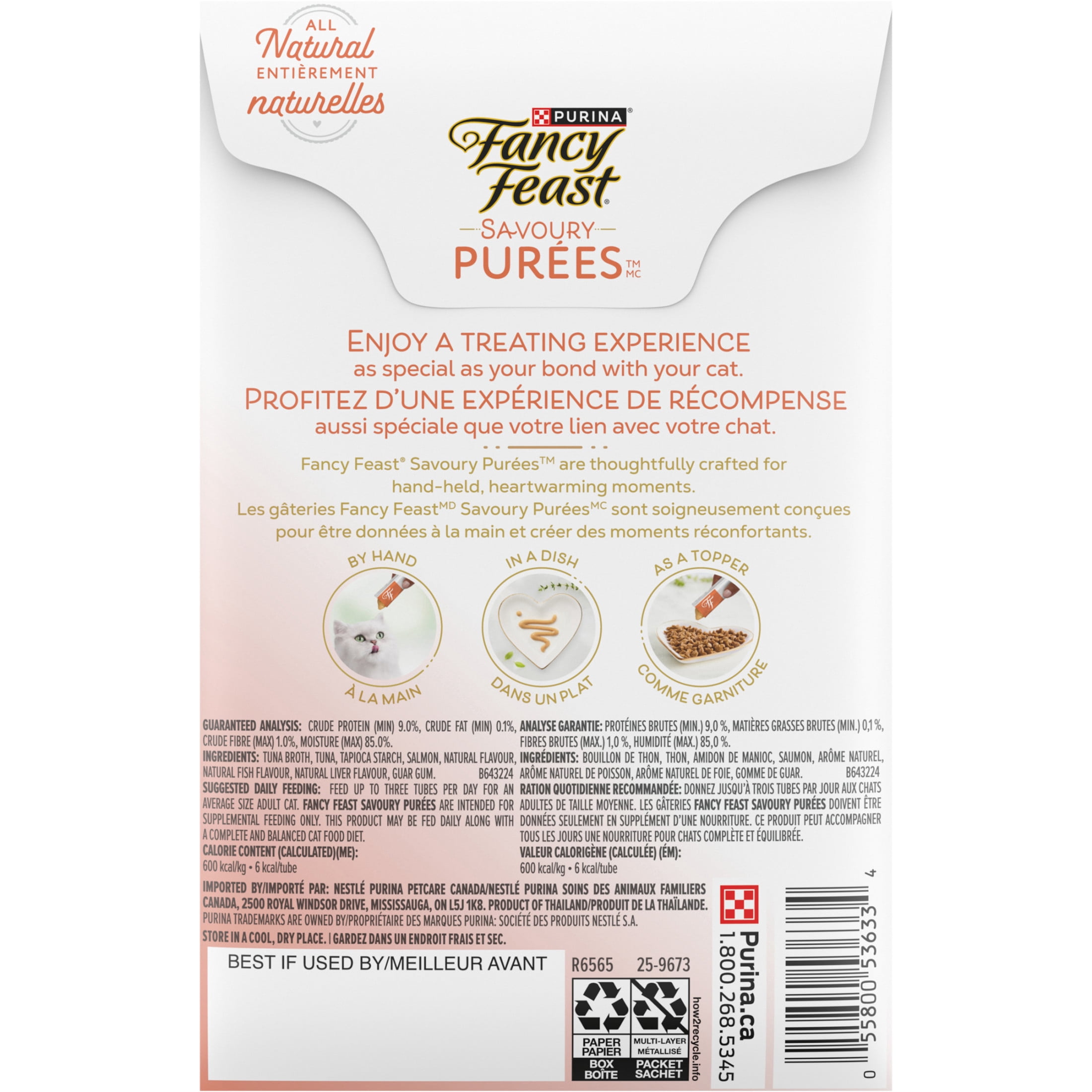 Purina Fancy Feast Savoury Purée Naturals avec Saumon Naturel et Thon dans une Sauce Demi-Glace, Gâteries pour Chats 40g