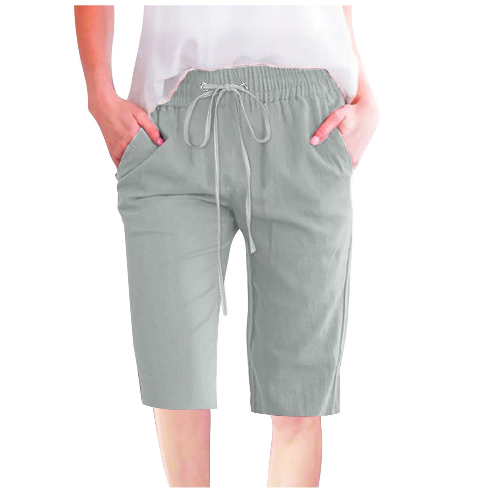 Timegard Womens Plus Size Shorts Elastic Waisted Drawstring Lightweight Casual Knee Length Shorts with Pockets