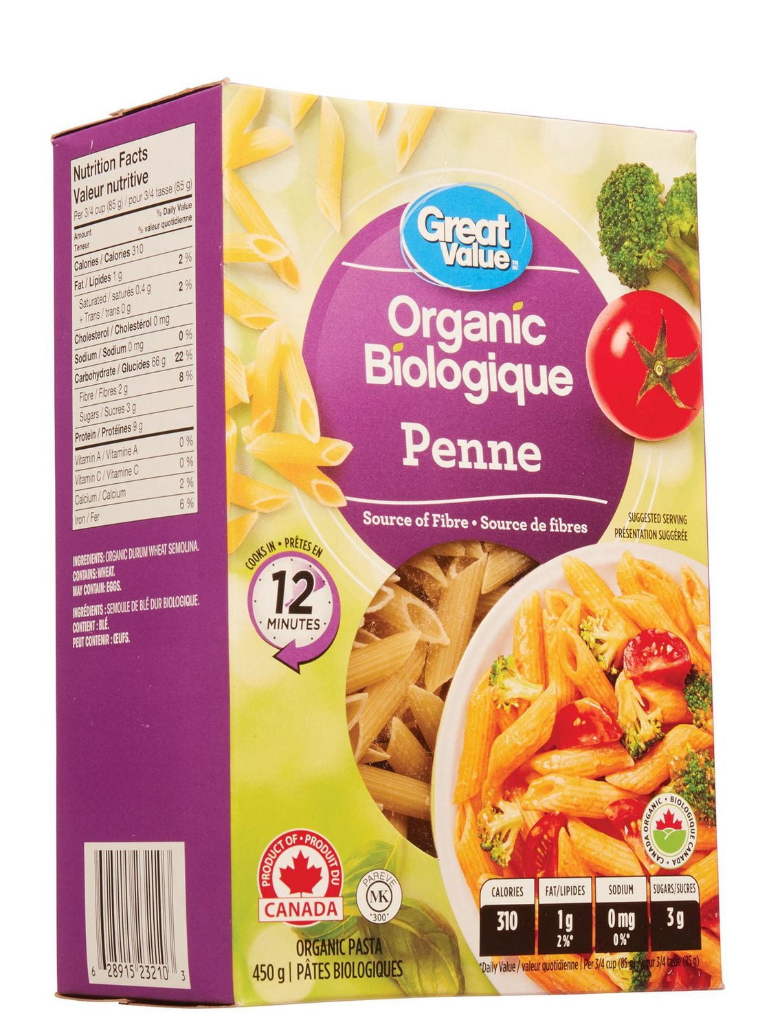 Pâtes penne de Great Value Biologique