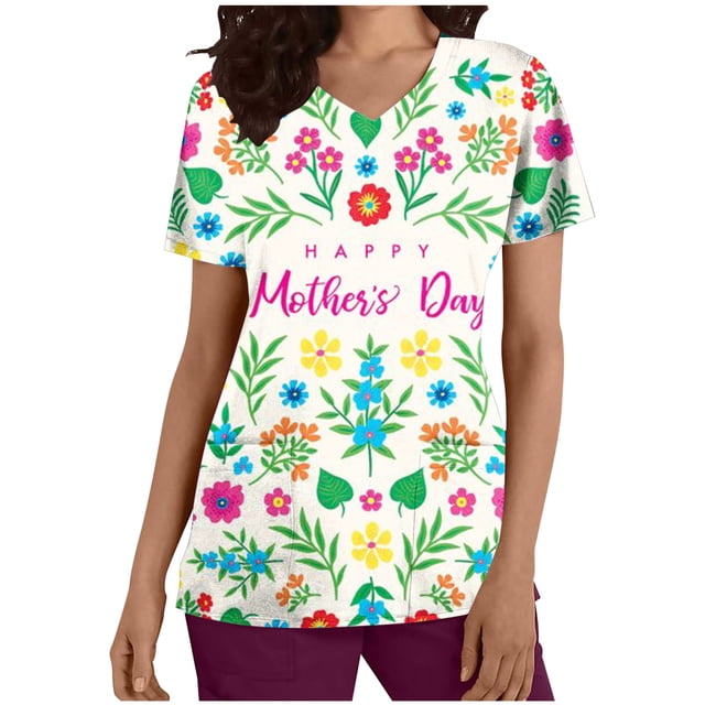 Birdeem Womens Fashion Short Sleeve V-Neck Tops Working Uniform Printing with Pocket Blouse Tops