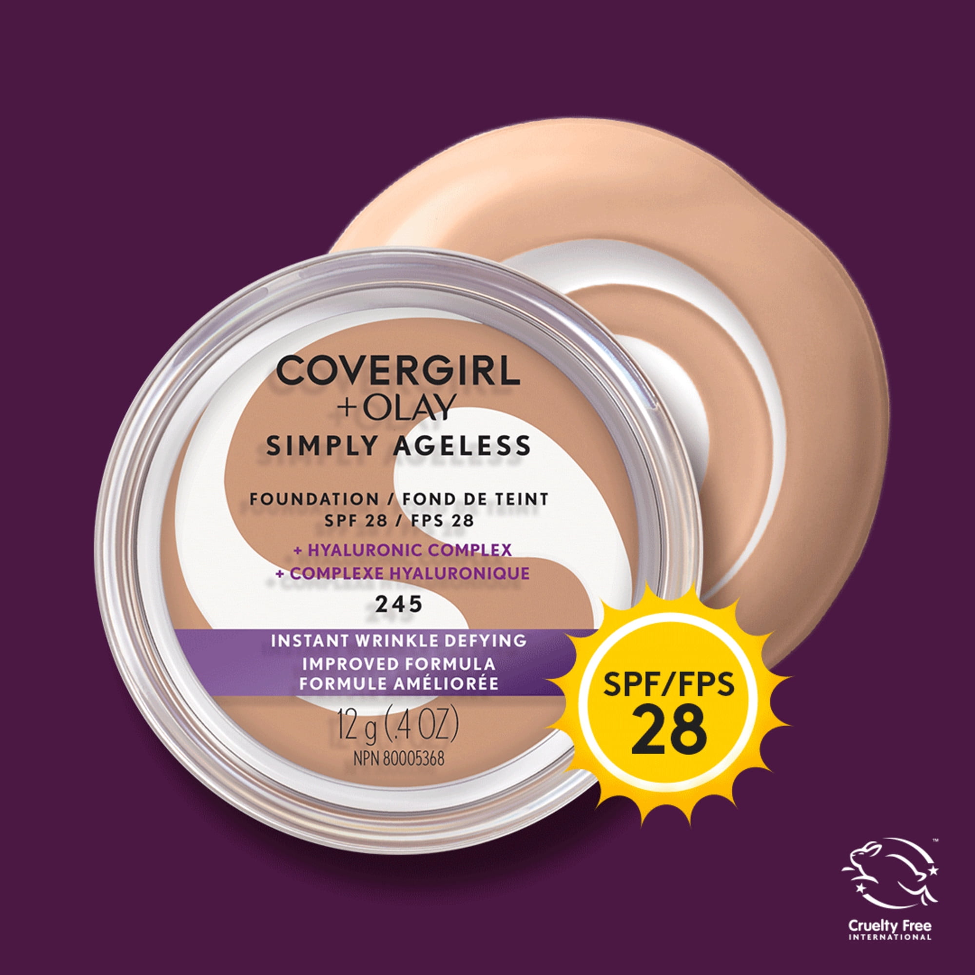 COVERGIRL Fond de teint Simply Ageless Instant Wrinkle Defying avec complexe hyaluronique, vitamine C et niacinamide - SPF 28, 100% sans cruauté