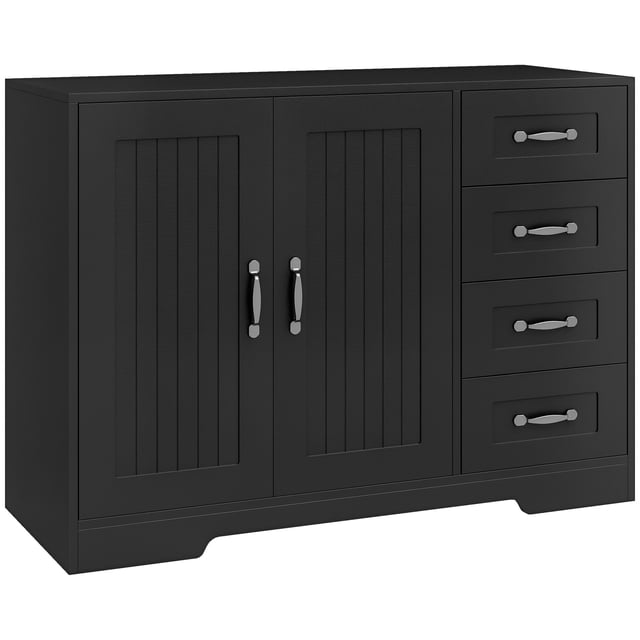 HOMCOM Buffet-Armoire de Rangement avec Armoire à 2 Portes et 4 Tiroirs en Panneau de Particules Noir. Comprend une Armoire à Double Porte avec Détails de Panneaux Verticaux et Quatre Tiroirs avec Poignées Argentées. Comprend une Tablette Réglable à 3 Niveaux pour un Rangement flexible. Idéal comme buffet Ou Unité de Rangement de Cuisine pour Salles à Manger, Cuisines Ou Espaces de Vie. Conception Anti-Basculement pour la Sécurité.