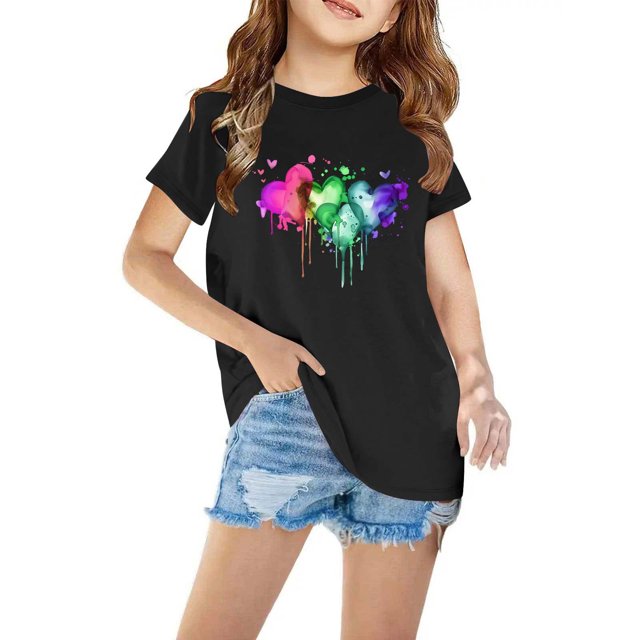 LSLJS T-shirt en Coton pour Garçons et Filles, Mode Mignon Col Rond Imprimé Tee Manches Courtes, Vêtements d'Été pour Filles