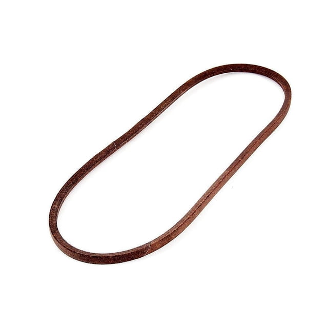 MTD 30-inch Lawn Tractor Deck Drive Belt displayed flat on white background, made of brown durable material with high strength tensile cords, designed for engine pulley to deck pulley connection in automotive replacement parts for lawn tractors.
