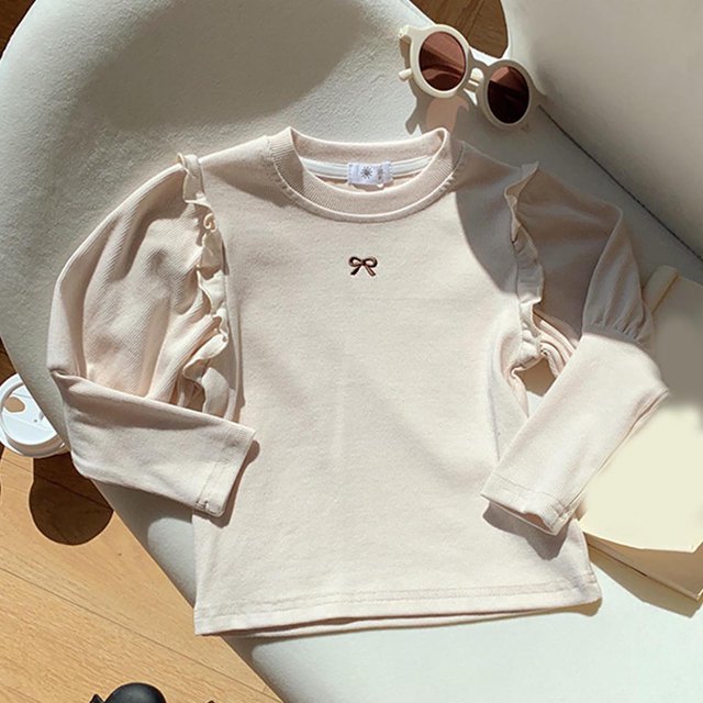 RXIRUCGD 1-10 Ans Mode pour Enfants Chemise de Base Brodée avec Nœud Haut/chemise à Manches Longues à Col Rond ( Beige, Taille : 5-7 Ans )