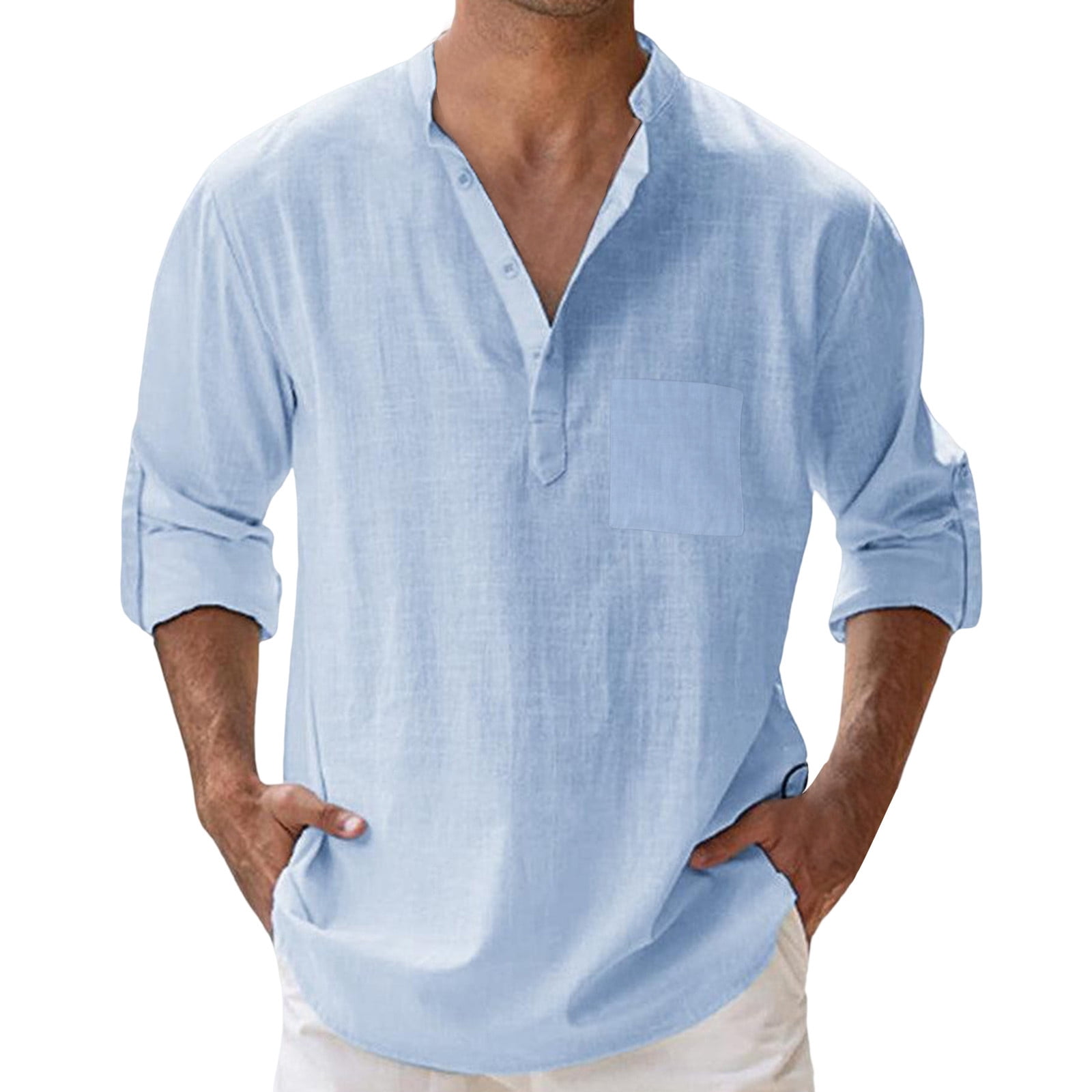 Mens Spring Summer Loose one N Stand Collar Solid Color Button Long Sleeve Pocket Long Sleeve Pullover Male Romper Shirt
