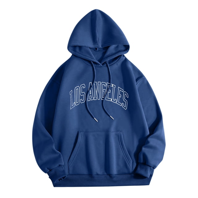 Kcodviy Chandail à Capuchon Surdimensionné à Fermeture Éclair pour Hommes et Femmes en Bleu, avec un Graphique de Lettres « Los Angeles » Audacieux à l'Avant. Ce Chandail à Capuchon Comprend un Col Rond, des Manches Longues et une Poche Kangourou. Fabriqué en polyester durable, Il Est Idéal pour un Usage Quotidien Décontracté en Automne et en Hiver.