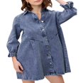thumbnail image 2 of Robe Chemise à Manches Lanternes 3/4 pour Femmes, Décontractée, Col à Revers, Boutonnée, Taille Haute, Ample, en Denim, 2 of 6
