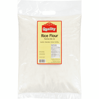 QUALITY Farine de Riz, Farine de Riz Blanc de Qualité Supérieure à Moulin Fin, Sac en Vrac pour Services Alimentaires 4,54 kg (10 Lb). l'Emballage Présente une Conception durable et Résistante à l'Humidité avec un Extérieur en Plastique Transparent et une Étiquette Jaune Affichant les Détails du Produit en Anglais et en Français. Idéal pour la Cuisson Sans Gluten, la Friture et un Usage commercial à Grand Volume.