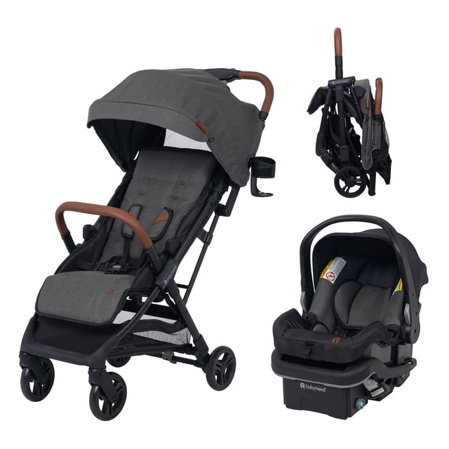 Baby Trend Sonar Compact Lightweight Stroller Travel System with EZ Lift Plus Infant Car Seat and Base in grey, showing a lightweight stroller with one-hand compact fold, adjustable footrest, removable leatherette handle, sway-out bumper bar, UPF 50+ canopy, under-seat storage basket, foldable stroller, and EZ Lift Plus infant car seat with 5-point harness and car seat base with recline indicator.