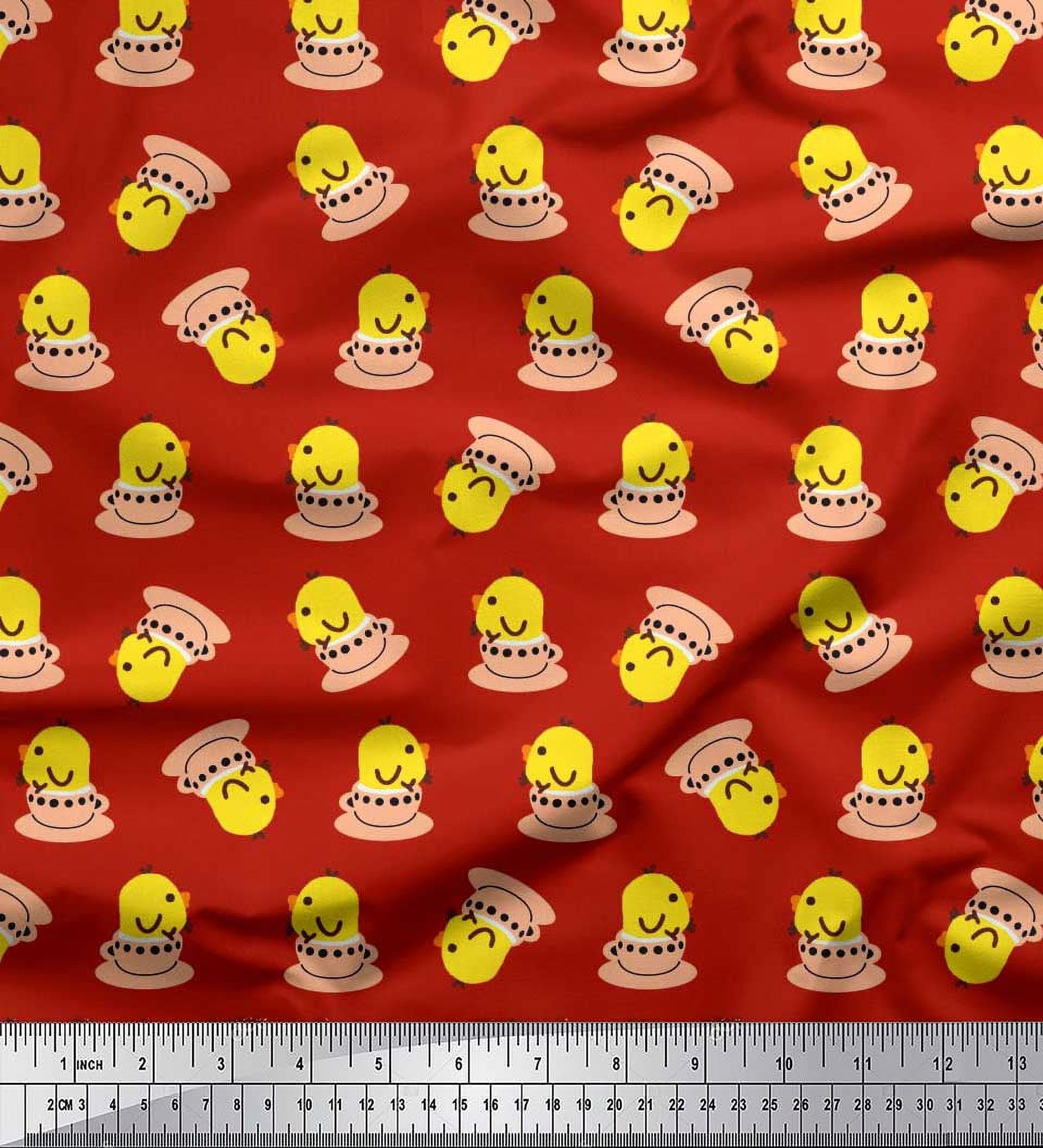 Soimoi Moss Georgette Fabric Cup,Plate & Chick Cartoon Printed Fabric 1 Yard 42 Inch Wide