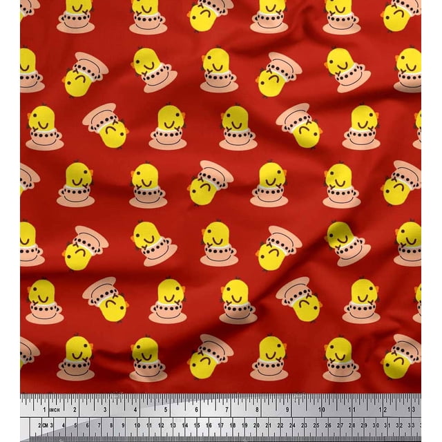 Soimoi Moss Georgette Fabric Cup,Plate & Chick Cartoon Printed Fabric 1 Yard 42 Inch Wide