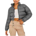 thumbnail image 1 of hoksml Women's Cropped Puffer Jacket with Drawstring Hem, Stand Collar Boxy Zip Front Casual Streetwear Short Jacket, 1 of 5
