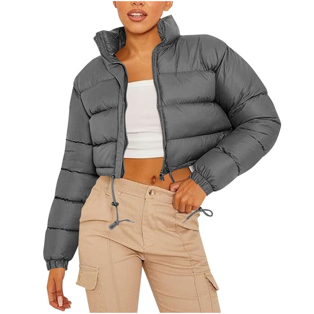 hoksml Women's Cropped Puffer Jacket with Drawstring Hem, Stand Collar Boxy Zip Front Casual Streetwear Short Jacket