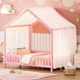 thumbnail image 1 of Euroco Lit Montessori au Sol avec Baldaquin, Lit Double en Forme de Maison avec Rampes, Rose, 1 of 12