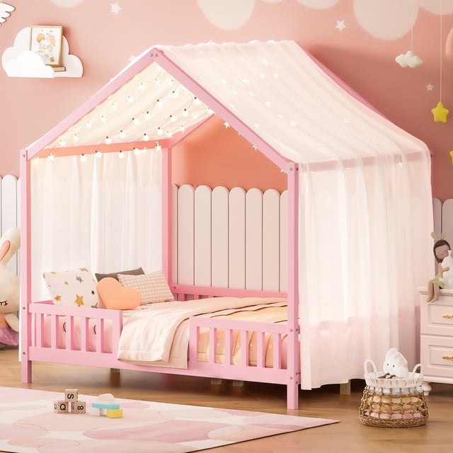 Euroco Lit Montessori au Sol avec Baldaquin, Lit Double en Forme de Maison avec Rampes, Rose