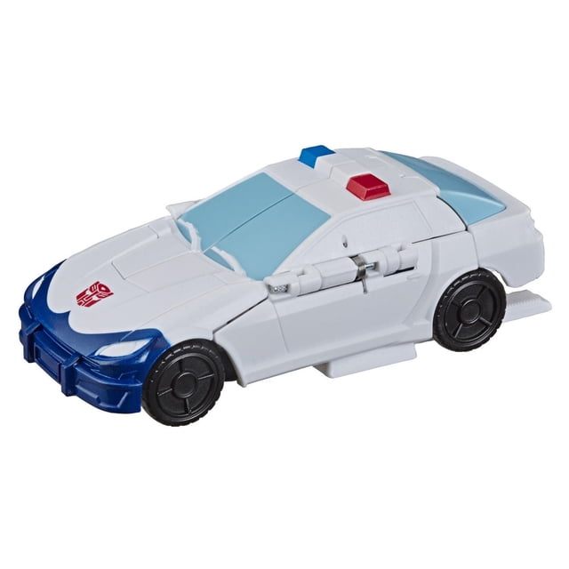 Transformers Cyberverse Action Attackers: 1-Step Changer Prowl Action Figure in white police car mode with blue front bumper, light blue windows, black wheels, and red and blue roof lights, 4.25-inch figure suitable for ages 6 and up.