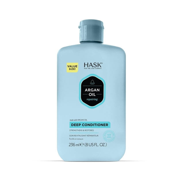 HASK Bouteille Revitalisante Profonde Réparatrice à l'Huile d'Argan Bleu Pâle, 236 ml (8 US fl. oz.), Orientée vers l'Avant avec Étiquette Noire et turquoise, Formulée pour Renforcer, Restaurer et Hydrater les Cheveux Secs Ou Abîmés avec Huile d'Argan et Protéine de Riz.