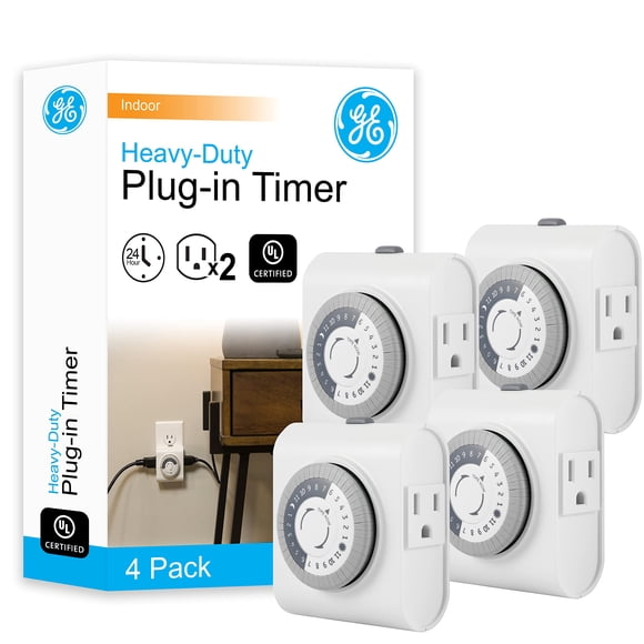 GE 24â??Hour Mechanical Outlet Timer Switch, Dual Grounded Plugâ??in Control for Indoor Lighting, Lamps, Christmas Trees, Fans and Small Appliances (4 Pack), 66405