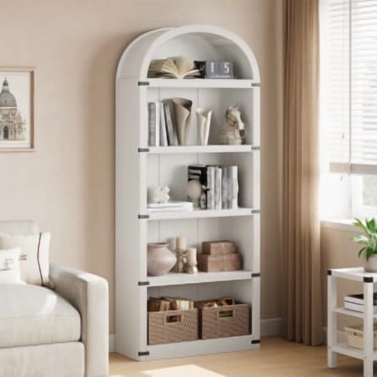 Bookcase Arched Bookshelf 71.65in Tall Bookcase Farmhouse Display Storage Rack Wooden Bookshelves for Home Office, Living Room