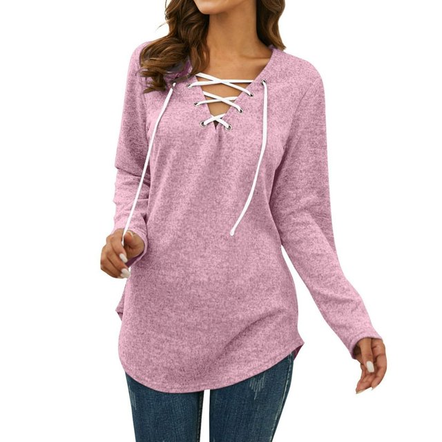 Women‘s Solid Color Long Sleeve Printed Top Pink M