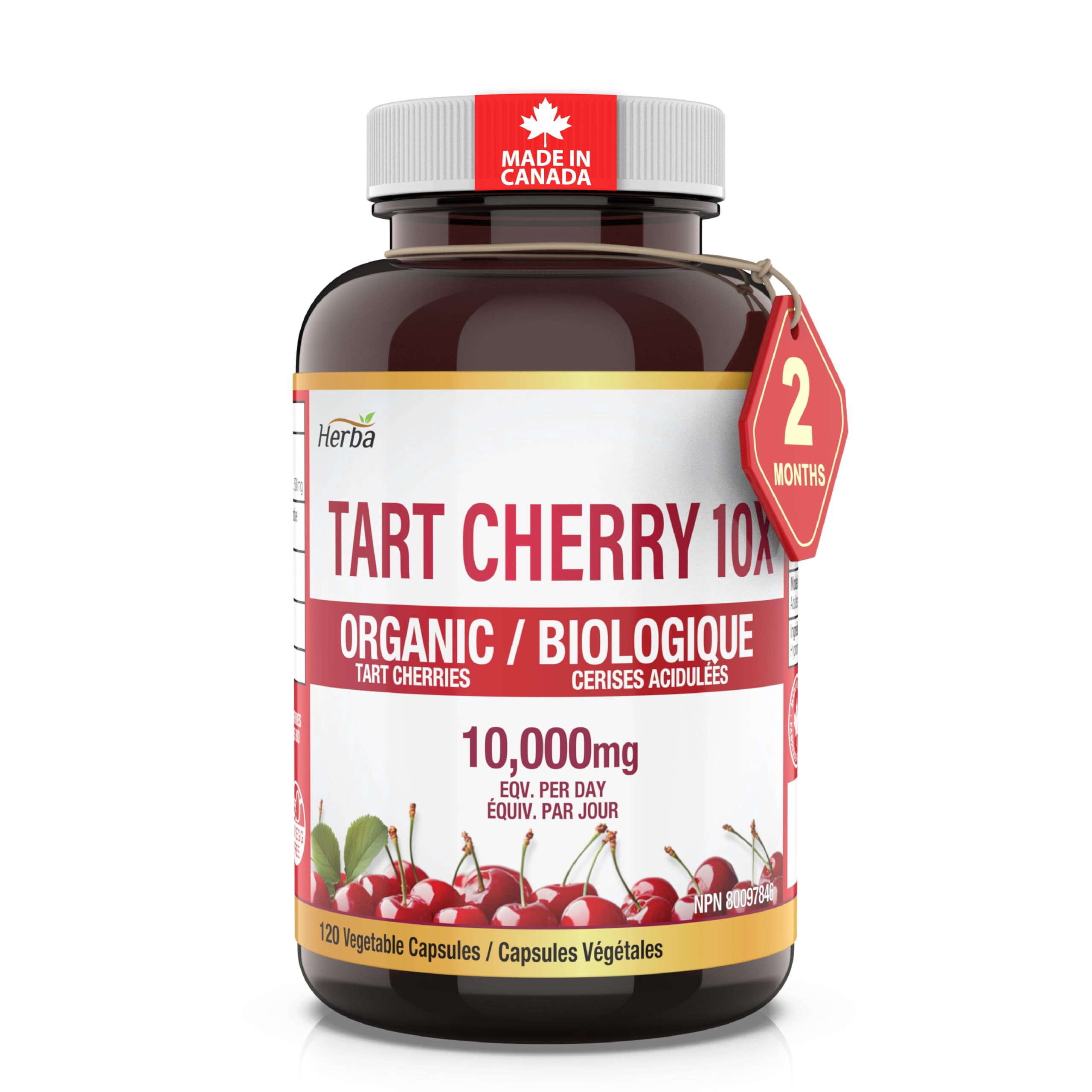 Herba Tart Cherry Extract Capsules – 120 Pills | 10,000mg Per Day | Highly Concentrated - 10:1 Extract | Made in Canada