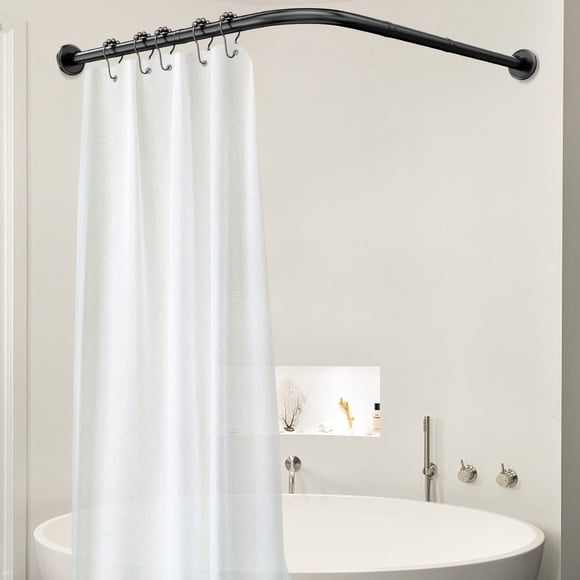 Misounda L Shaped Shower Curtain Rod Adjustable Curved Corner Shower Curtain Rods Drilling Install Stainless Steel 27.5-39.4×35.4-47.2 With 24 Shower Rings For Bathroom,Bathtub,Clothing Store-Black