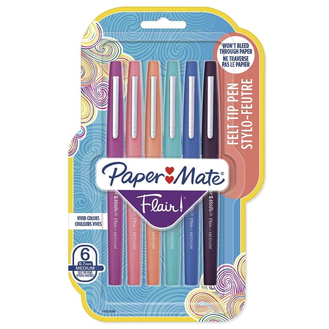 Paper Mate Flair Felt Tip Pens, Medium Point (0.7 mm), Assorted Tropical Colours, 6 Count, featuring six medium point felt tip pens in purple, pink, orange, teal, blue, and dark purple with silver clips in a blue and yellow blister pack with swirl patterns, with smear- and fade-resistant ink that won’t bleed through paper, ideal for writing, drawing, and creative note-taking.