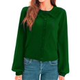 thumbnail image 4 of Women Solid Cropped Cardigan Sweater Lantern Sleeve Ruffle Lapel Collar Button Down Knit Outerwear Green M, 4 of 6