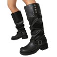 thumbnail image 1 of Slouchy Motorcycle Riding Combat Boots for Women Studded Leather Buckle Square Toe Knee High Cowboy Tall Boots, 1 of 6